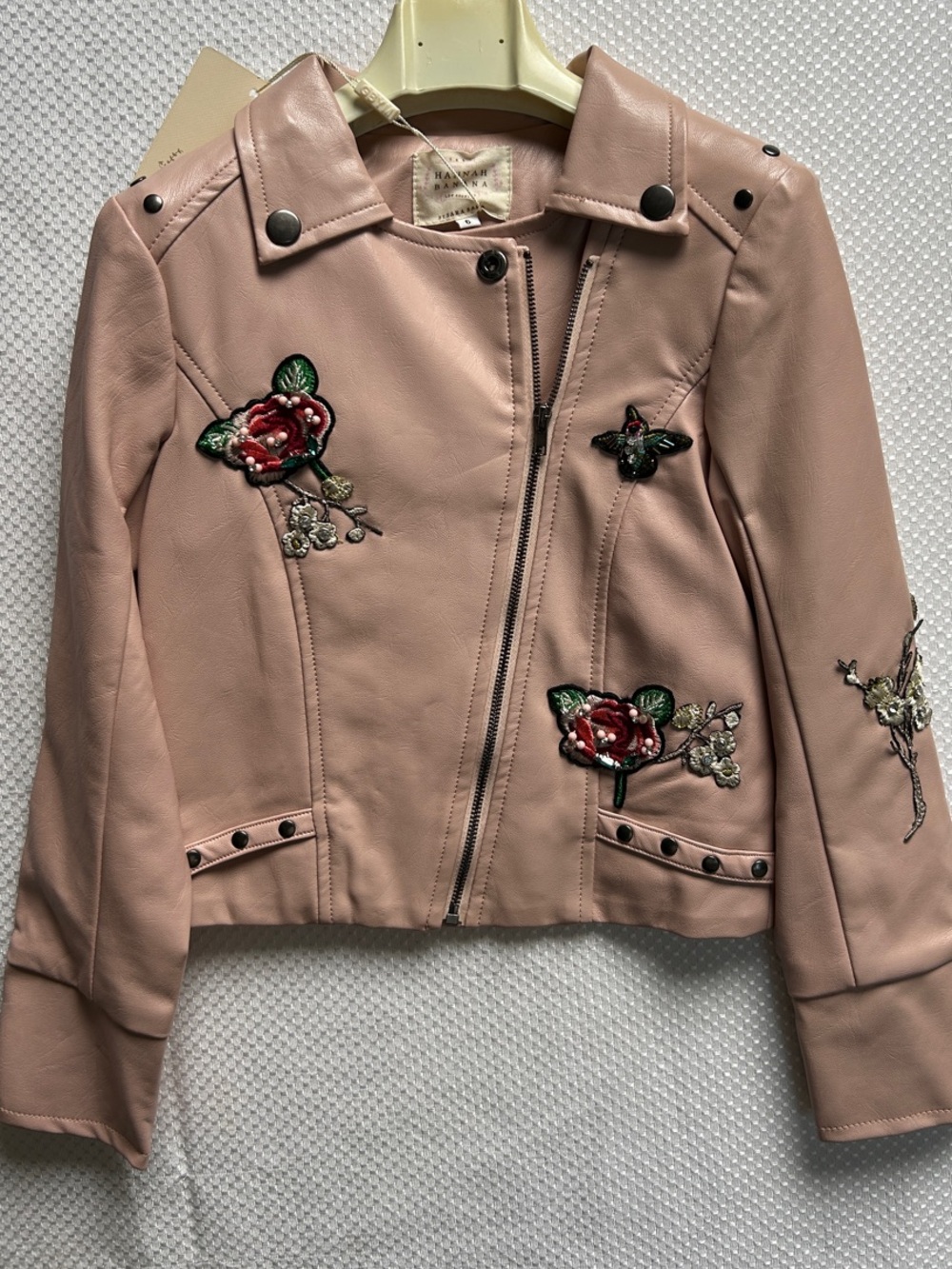 Hannah Banana Blush Pleather biker jacket . Fully embroidered. Size 6. NWT